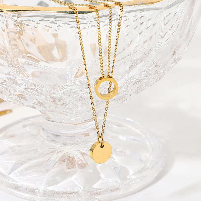 Simple Gold Double Necklace Steel Hollow Pendant Necklace