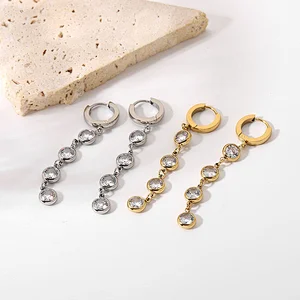 Gold Plated Steel Round Zircon Tassel Pendant Earrings