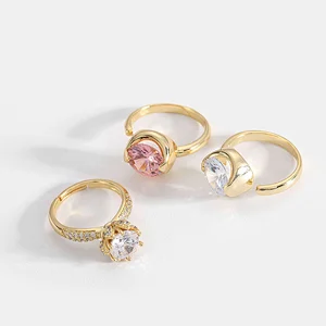 Small Charm Brass Jewelry Open Ring Pink Zircon Ring Women