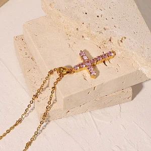 Popular Steel Pink Zircon Cross Pendant Necklace Women
