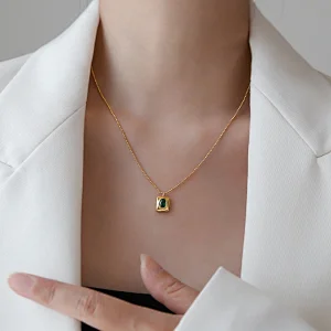Square Green Crystal Pendant Stainless Steel Necklace Factory