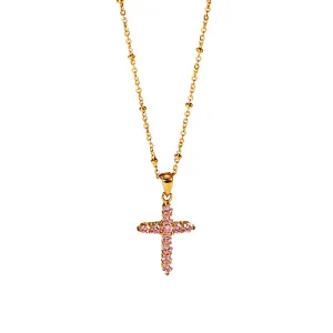 Popular Steel Pink Zircon Cross Pendant Necklace Women