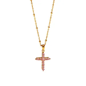 Popular Steel Pink Zircon Cross Pendant Necklace Women