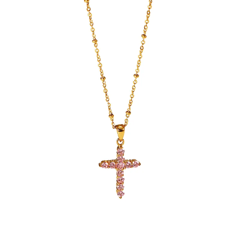 Popular Steel Pink Zircon Cross Pendant Necklace Women