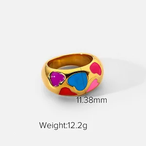 Gold Plated Heart Enamel Ring Stainless Steel Color Ring Women