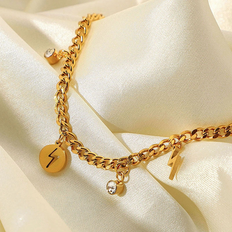 Pvd Gold Plating Lightning Pendant Steel Curb Chain Bracelet