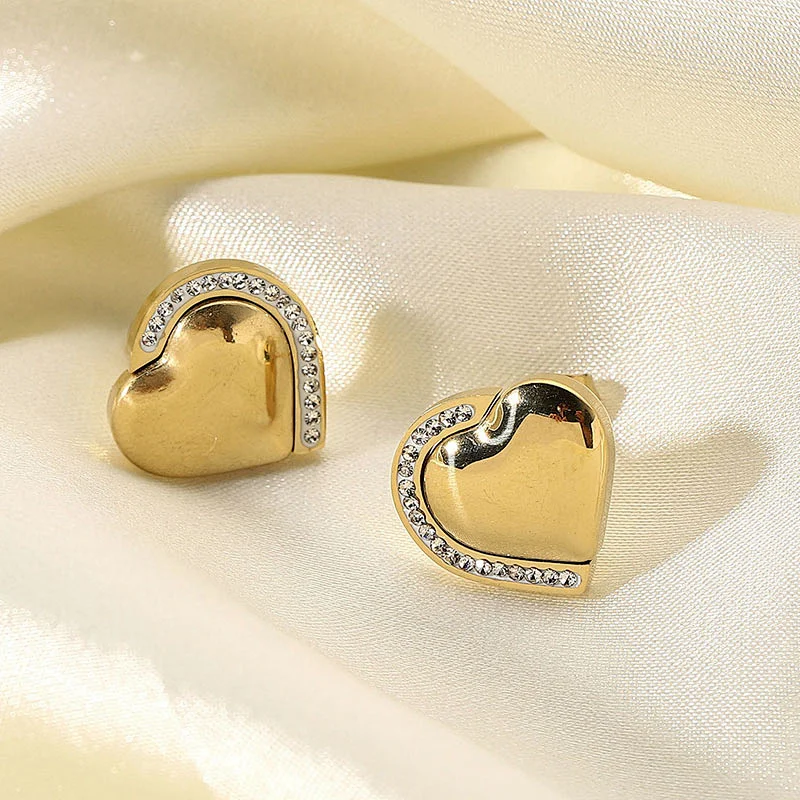 Simple Titanium Steel Stud Earrings Heart Zircon Earring