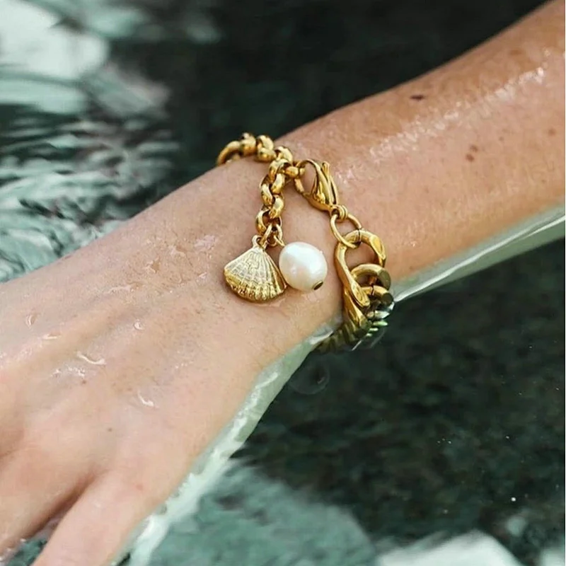 Gold Plated Steel Charm Bracelet Freshwater Pearl Bracelet