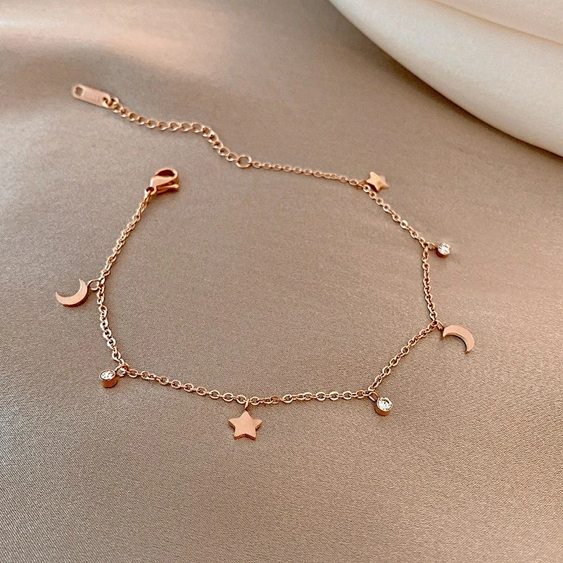 Rose Gold Moon Star And Crystal Drop Anklet Bracelet