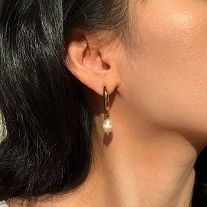 Stainless Steel C Shape Pearl Pendant 18K Gold Earrings Women