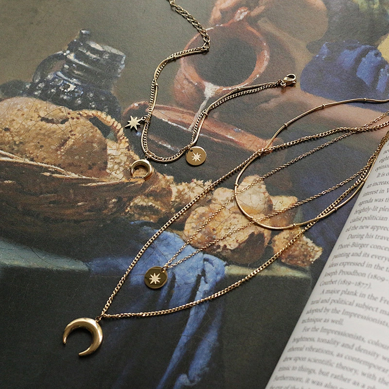 Moon Eight Awn Star Three Layer Crescent Bracelet Necklace Set