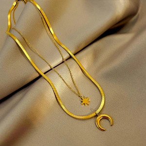 Moon Eight Awn Star Charm Layered Flat Snake Chain Necklace