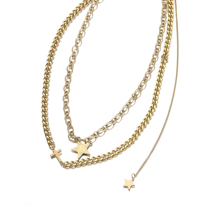 Layered Stainless Steel Star and Cross Pendant Necklace
