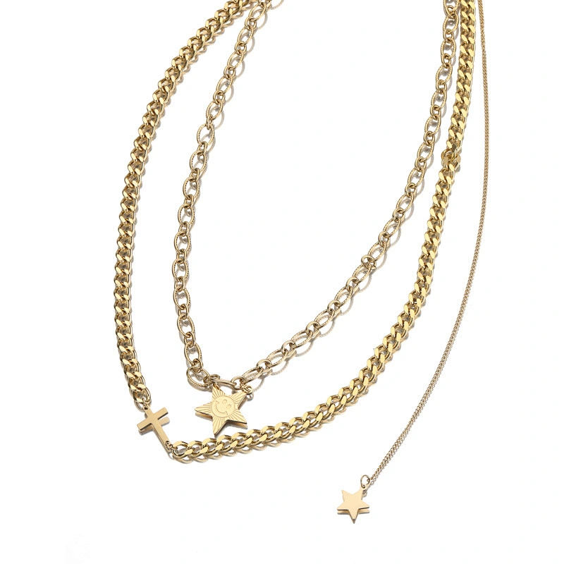 Layered Stainless Steel Star and Cross Pendant Necklace