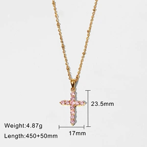 Popular Steel Pink Zircon Cross Pendant Necklace Women