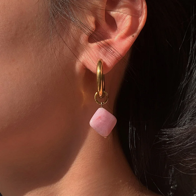 Pink Steel Natural Stone Drop Earrings for Women