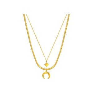 Moon Eight Awn Star Charm Layered Flat Snake Chain Necklace