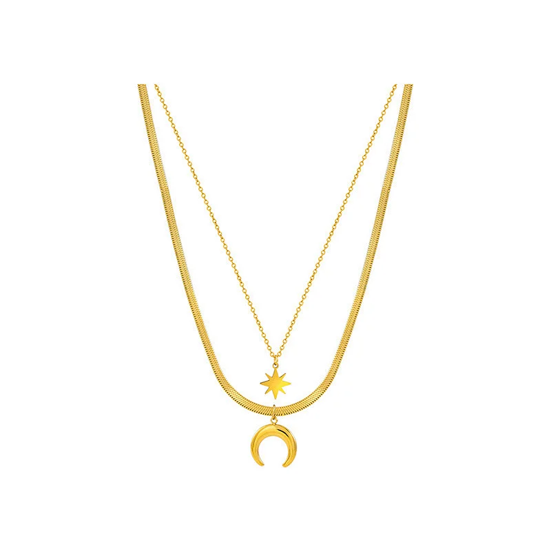 Moon Eight Awn Star Charm Layered Flat Snake Chain Necklace