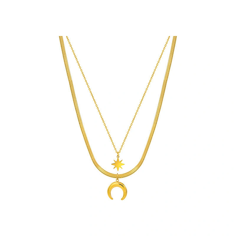 Moon Eight Awn Star Charm Layered Flat Snake Chain Necklace