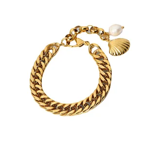 Gold Plated Steel Charm Bracelet Freshwater Pearl Bracelet