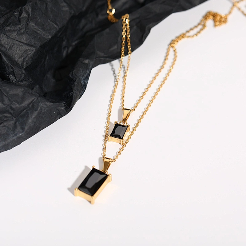 Double Layered Rectangle Jet Diamond Charm Necklace Wholesale