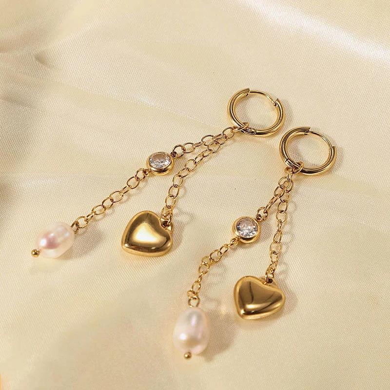 Gold Tassel Heart Freshwater Pearl Zircon Drop Earrings