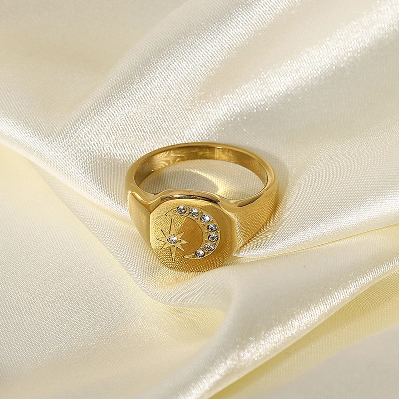Gold Engraved Star Moon Stainless Steel Metal Ring