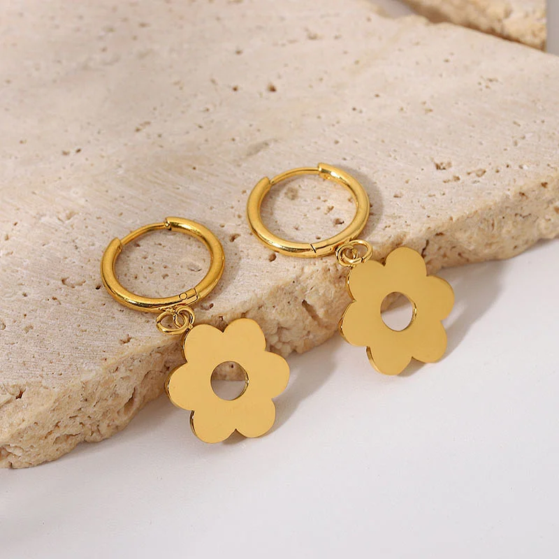 Vintage 18K Gold Plated Stainless Steel Flower Drop Earrings
