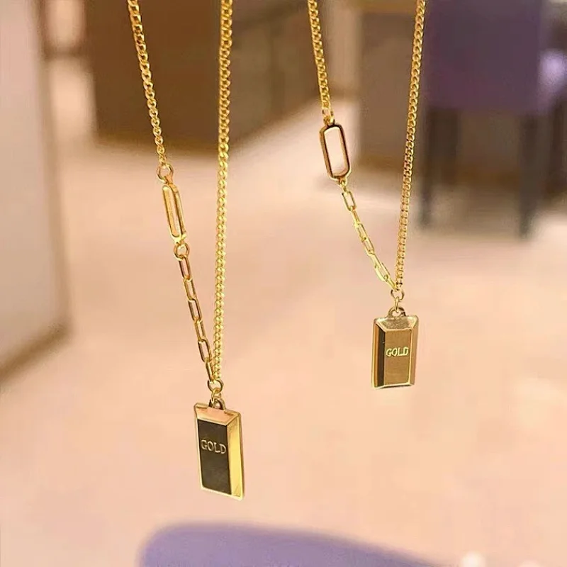 Stainless Steel Gold Brick Pendant Necklace Customized