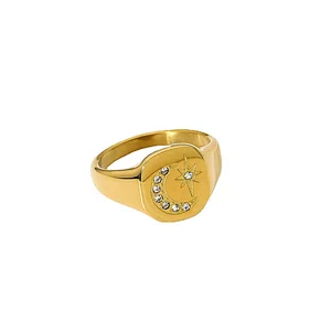 Gold Engraved Star Moon Stainless Steel Metal Ring