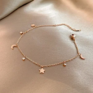 Rose Gold Moon Star And Crystal Drop Anklet Bracelet