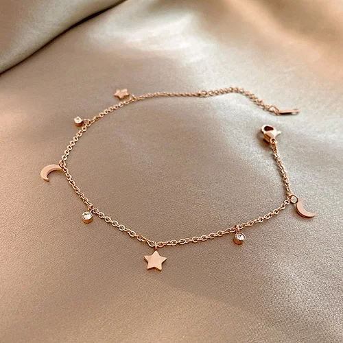 Rose Gold Moon Star And Crystal Drop Anklet Bracelet