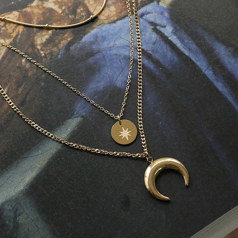 Moon Eight Awn Star Three Layer Crescent Bracelet Necklace Set