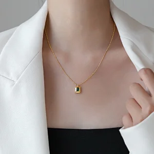 Square Green Crystal Pendant Stainless Steel Necklace Factory