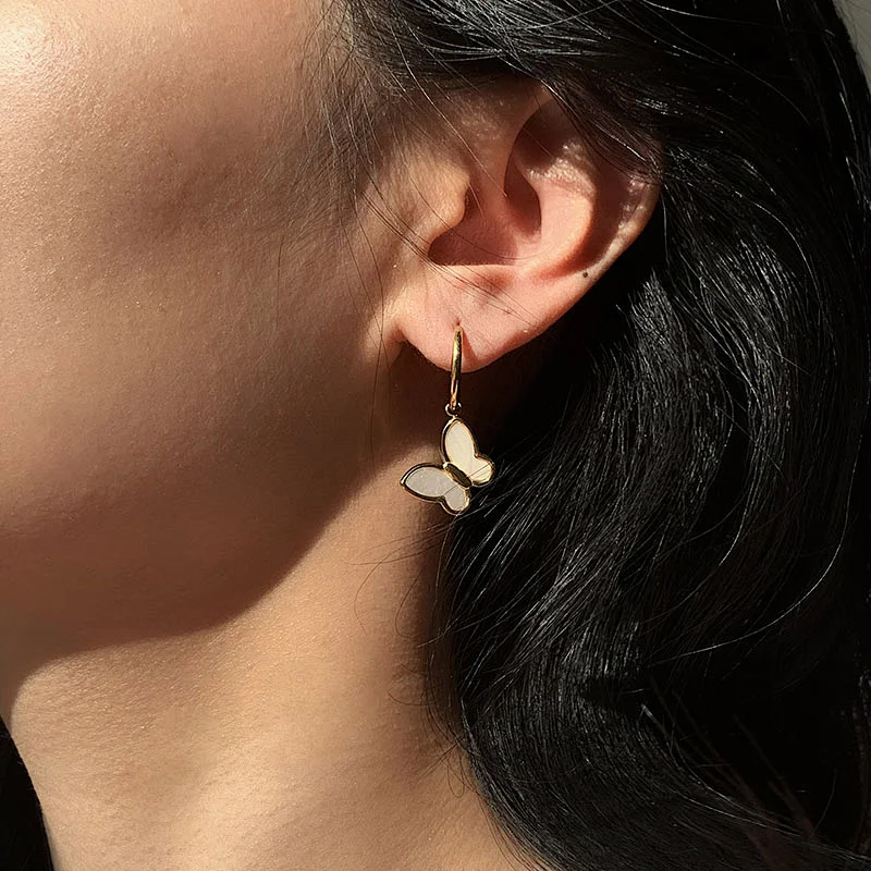 18K Gold Natural Shell Butterfly Pendant Earrings For Women