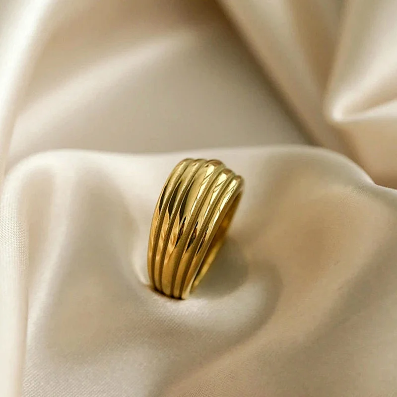 18K Gold Plated Ring Stainless Steel Threaded Textured Ring