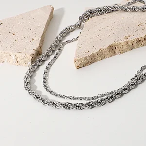 Simple Silver Steel Necklace Double Layer Chain Necklace