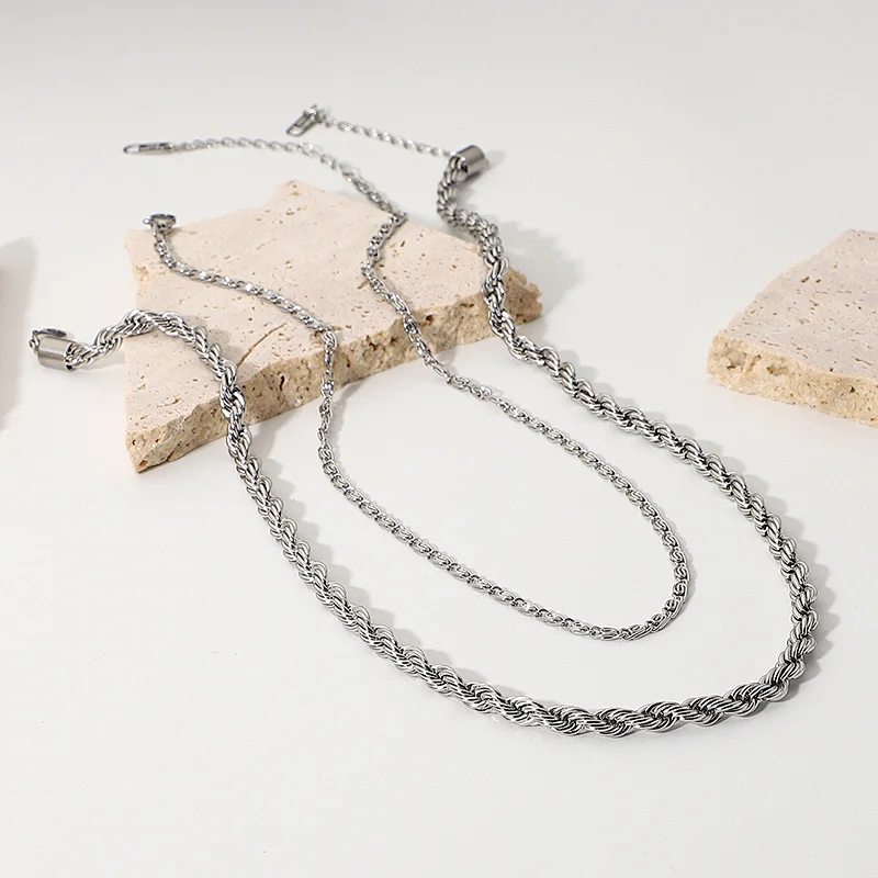 Simple Silver Steel Necklace Double Layer Chain Necklace