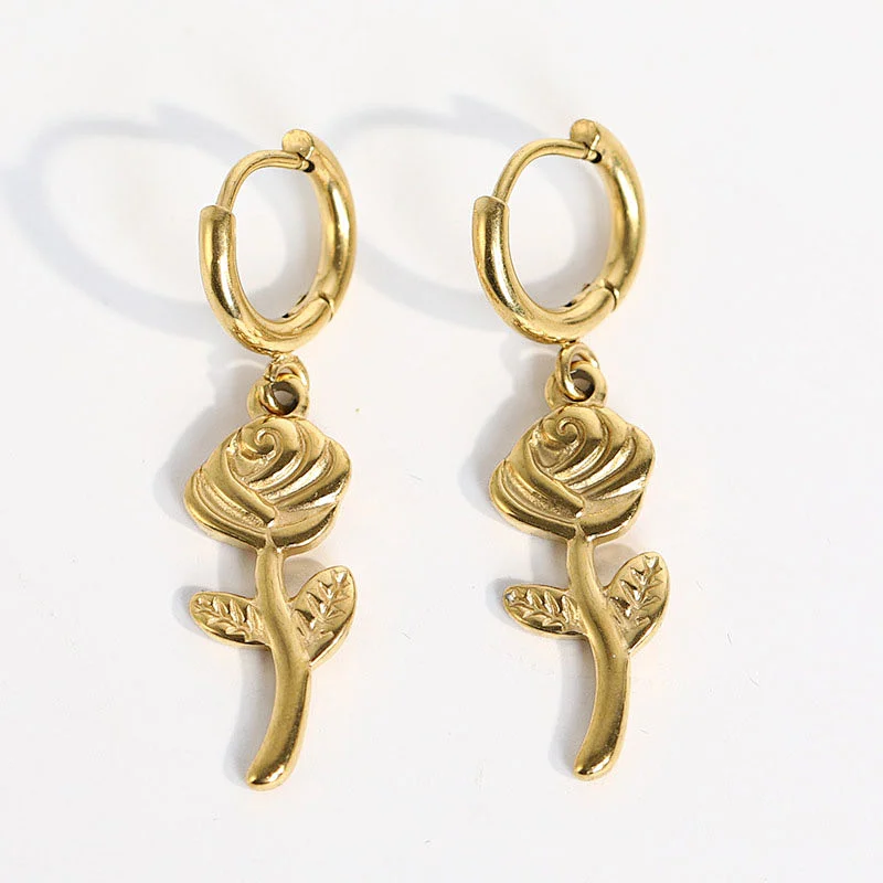 Fashion Gold Rose Flower Drop Earrings Small Hoop Earrings