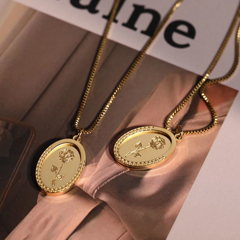 Carving Rose Flower Oval Pendant Necklace