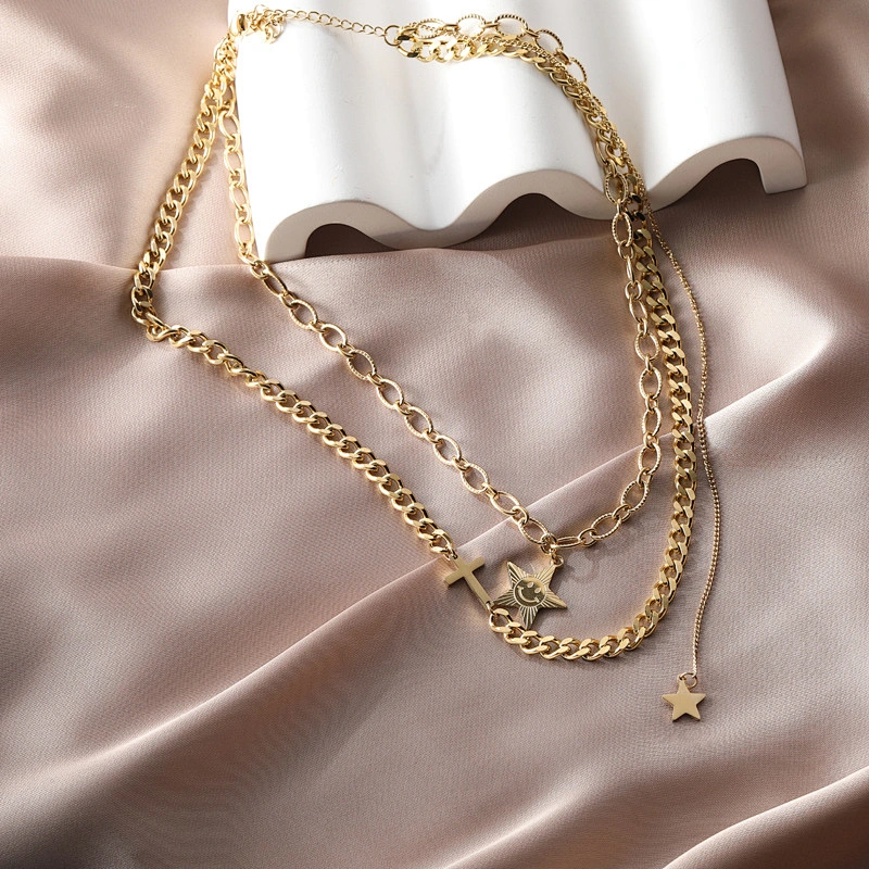 Layered Stainless Steel Star and Cross Pendant Necklace
