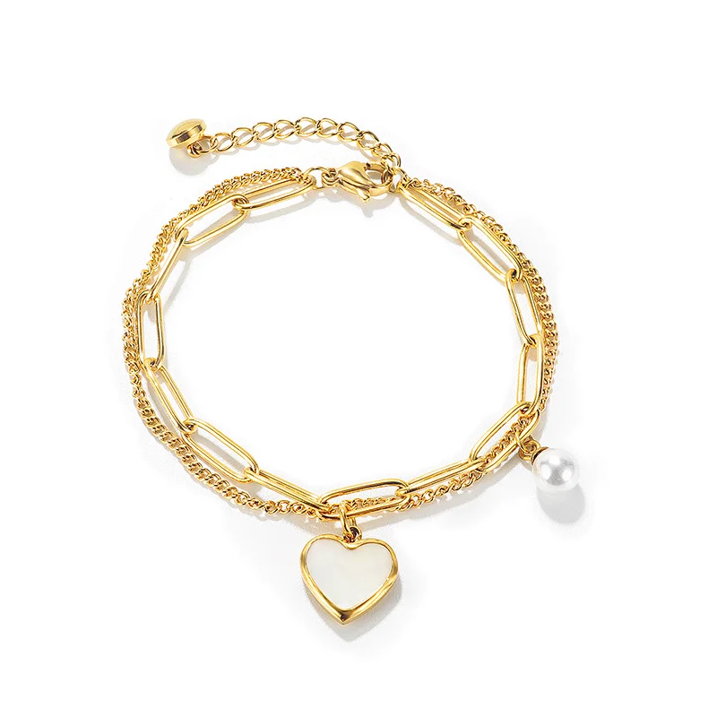Double Layer Patchwork Chain Heart-Shaped Shell Bracelet
