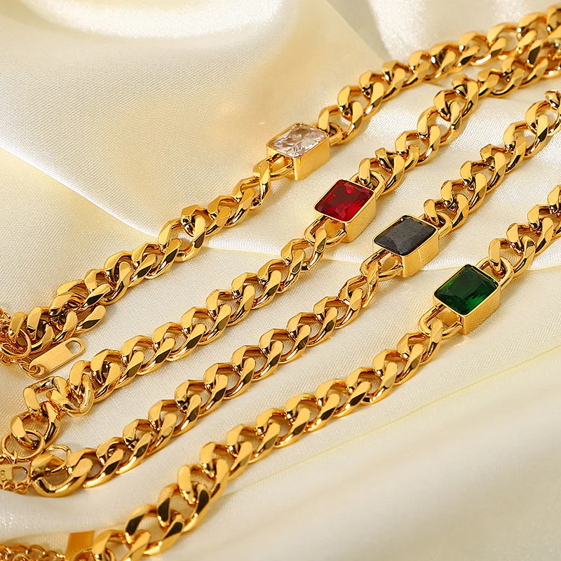 Stainless Steel Emerald Cut Zirconia Cuban Chain Bracelet