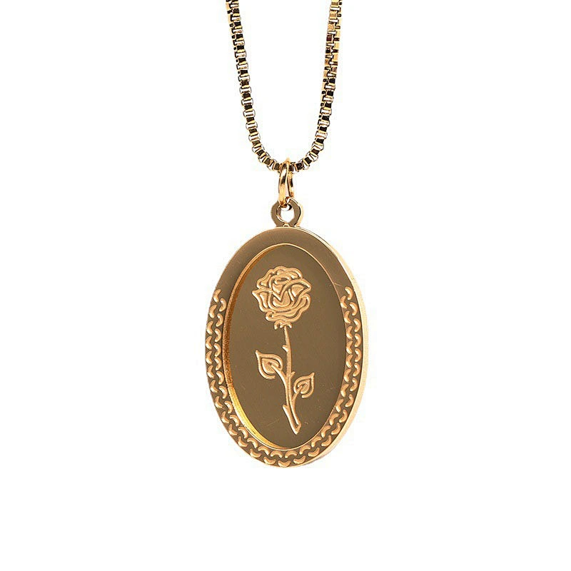 Carving Rose Flower Oval Pendant Necklace