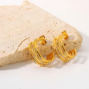 Gold Plated 18K Earrings Steel C-Shaped Hollow Stud Earrings