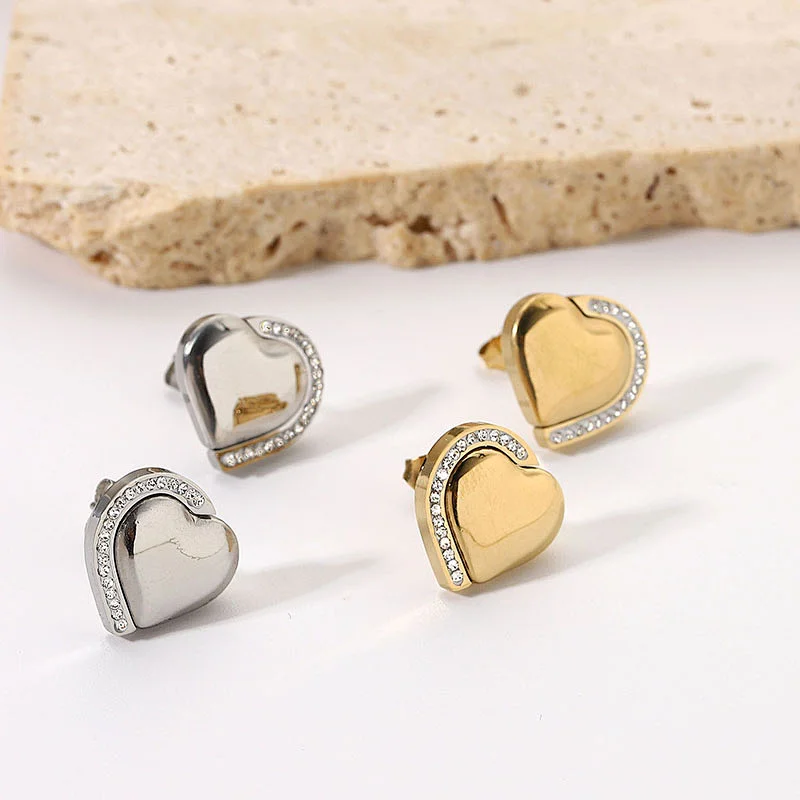 Simple Titanium Steel Stud Earrings Heart Zircon Earring