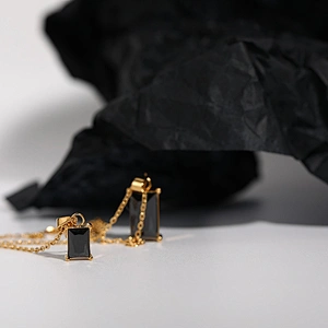 Double Layered Rectangle Jet Diamond Charm Necklace Wholesale
