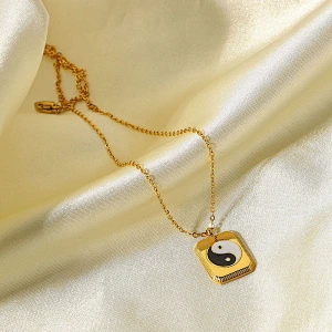 Enamel Chinese Tai Chi Square Pendant Steel Necklace