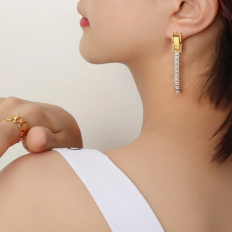 18K Gold Plated Steel Zirconia Chain Post Earrings