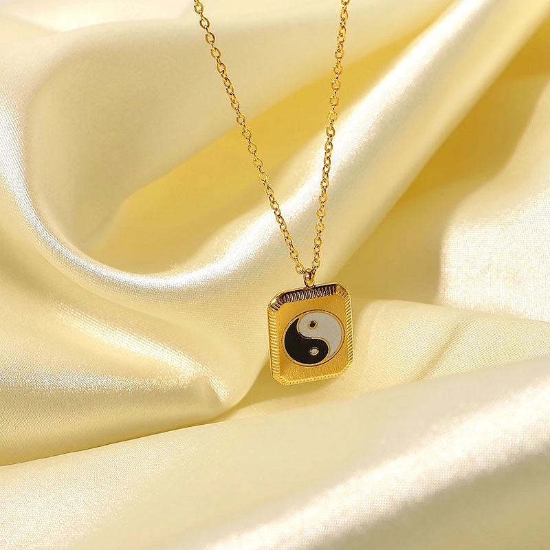 Enamel Chinese Tai Chi Square Pendant Steel Necklace